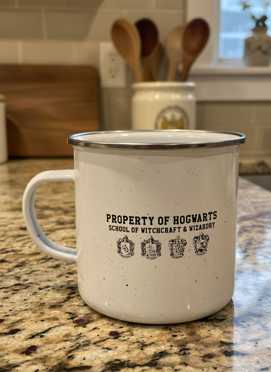 Harry Potter Hogwarts Crest Camper Tin 21oz Coffee Mug Cup White Speckled New 4" Tall
