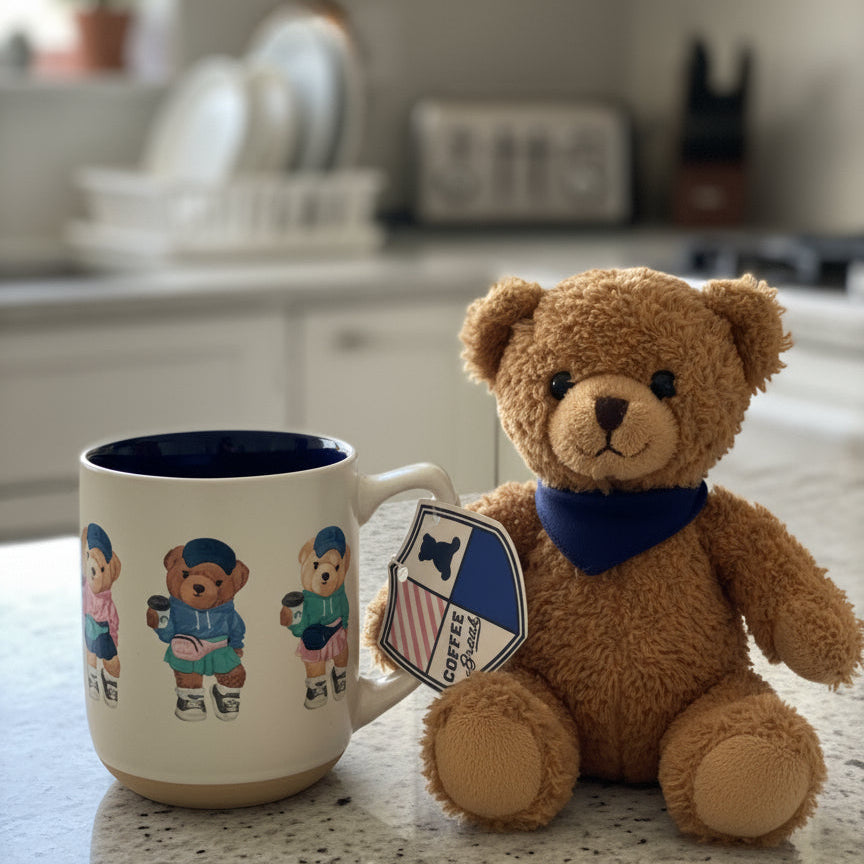 Sunday Morning Ceramics Coffee Break Teddy Bears Coffee Cup Mug Blue Interior 4 3/8" Tall