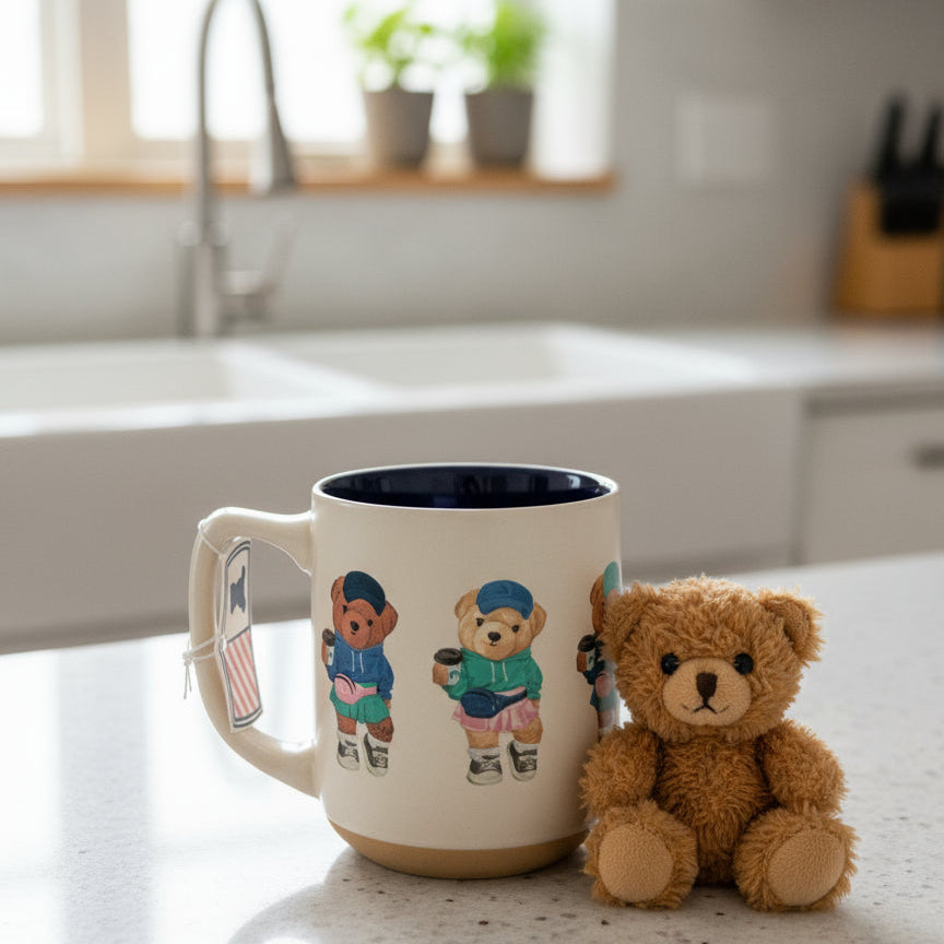 Sunday Morning Ceramics Coffee Break Teddy Bears Coffee Cup Mug Blue Interior 4 3/8" Tall