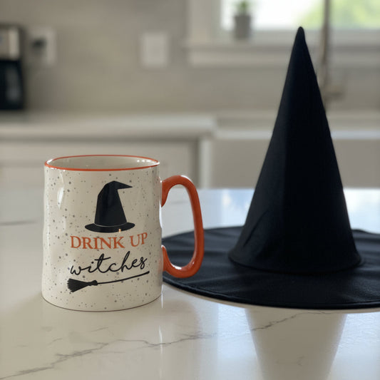 Drink Up Witches Black Speckled Mug Orange Rim & Handle Coffee Mug Cup 4 1/8" Tall New