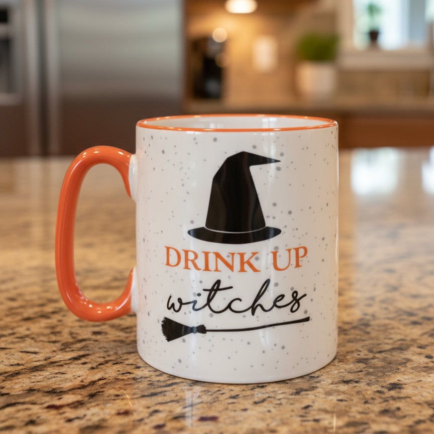 Drink Up Witches Black Speckled Mug Orange Rim & Handle Coffee Mug Cup 4 1/8" Tall New