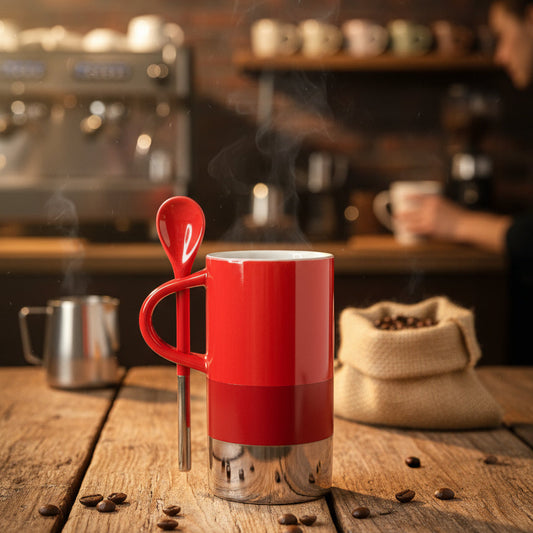 90's Starbucks Verismo Mug 8oz With Spoon Red Silver 4.75" Tall