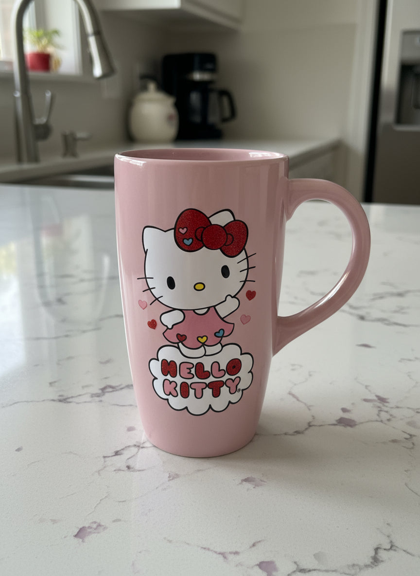Pink Sanrio Double Sided Waving Hello Kitty Ceramic Tall Coffee Mug Cup 16oz No Lid 5.75"