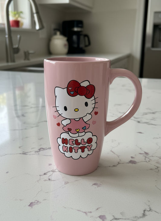 Pink Sanrio Double Sided Waving Hello Kitty Ceramic Tall Coffee Mug Cup 16oz No Lid 5.75"