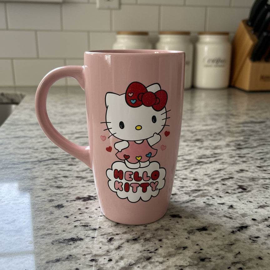 Pink Sanrio Double Sided Waving Hello Kitty Ceramic Tall Coffee Mug Cup 16oz No Lid 5.75"