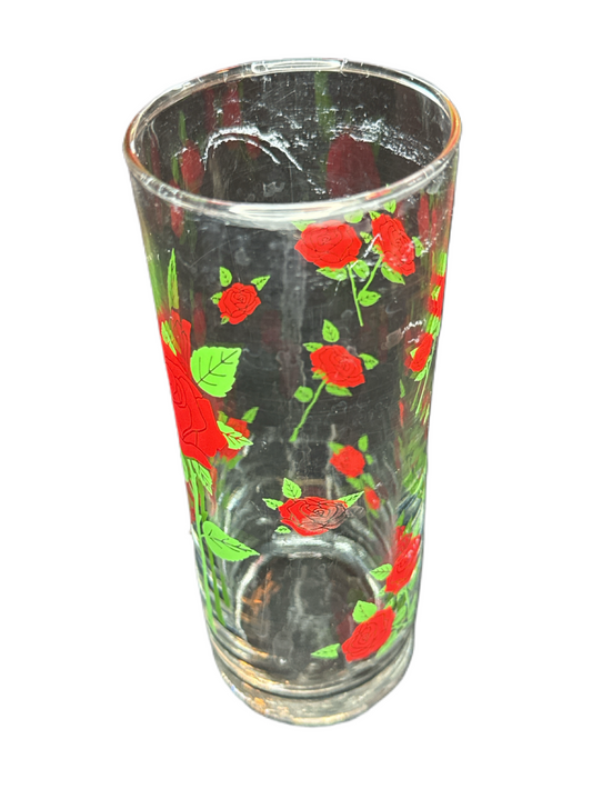 Anchor Hocking MCM Tall Tumbler Glasses "Red Trailing Roses" Design