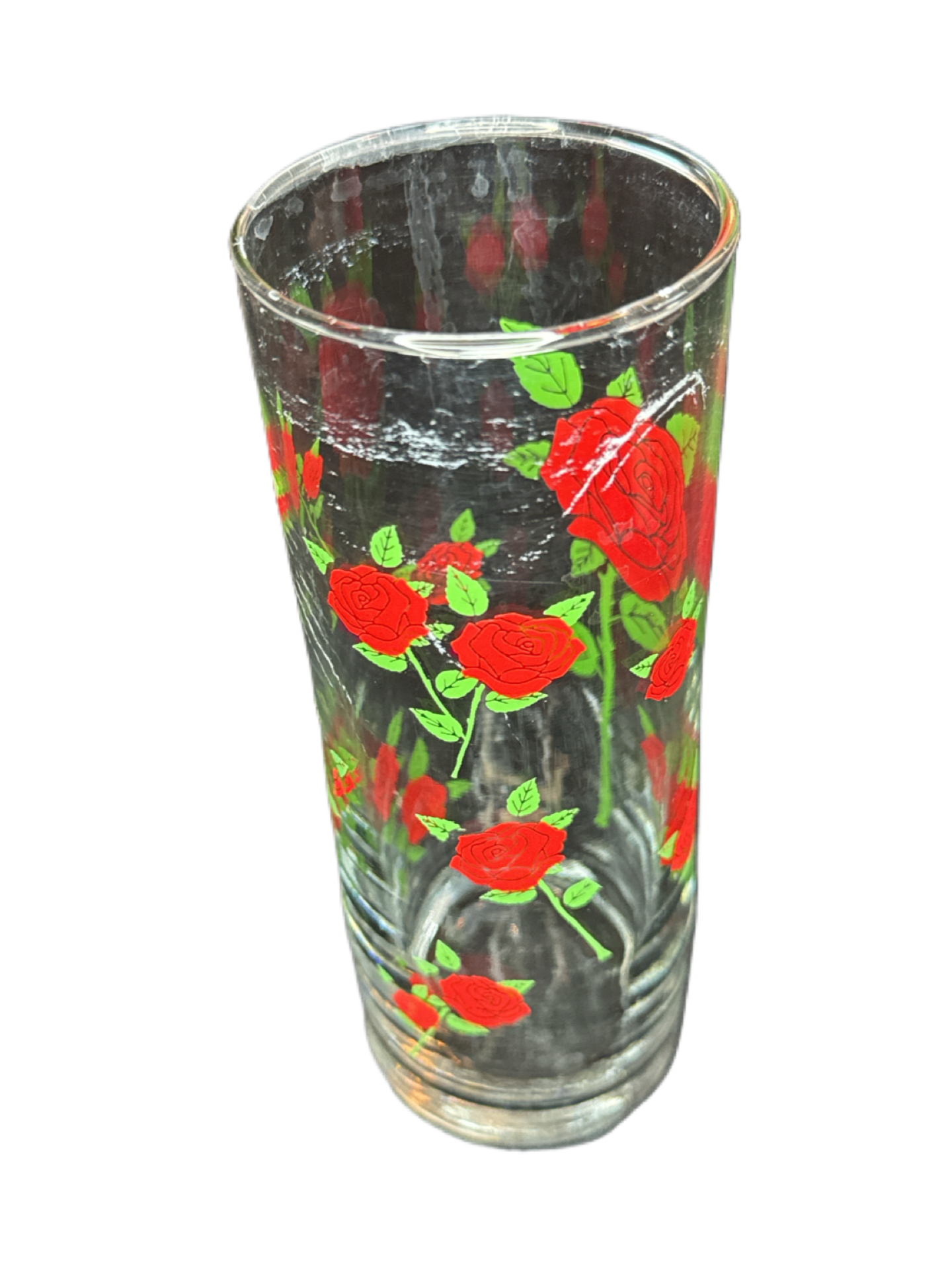 Anchor Hocking MCM Tall Tumbler Glasses "Red Trailing Roses" Design