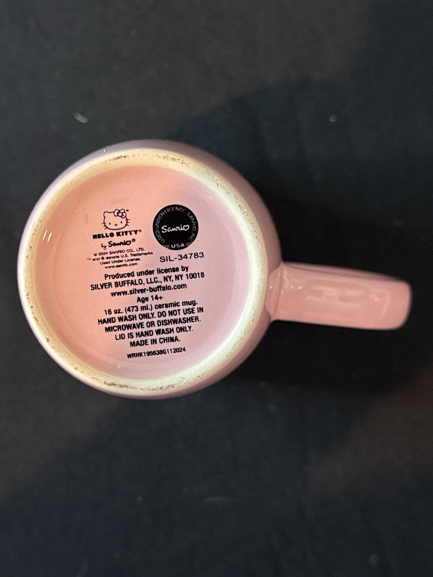 Pink Sanrio Double Sided Waving Hello Kitty Ceramic Tall Coffee Mug Cup 16oz No Lid 5.75"