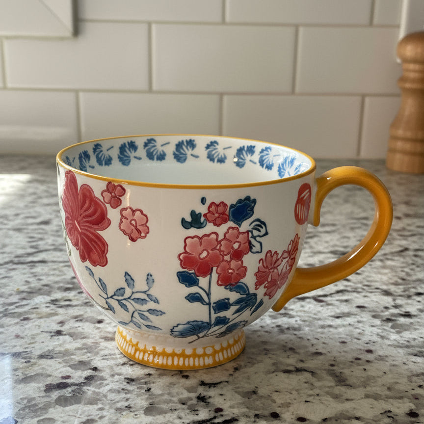 Potter's Studio Yellow Footed Coffee Cup Mug Colorful Flowers, 14oz 3 5/8" Tall New