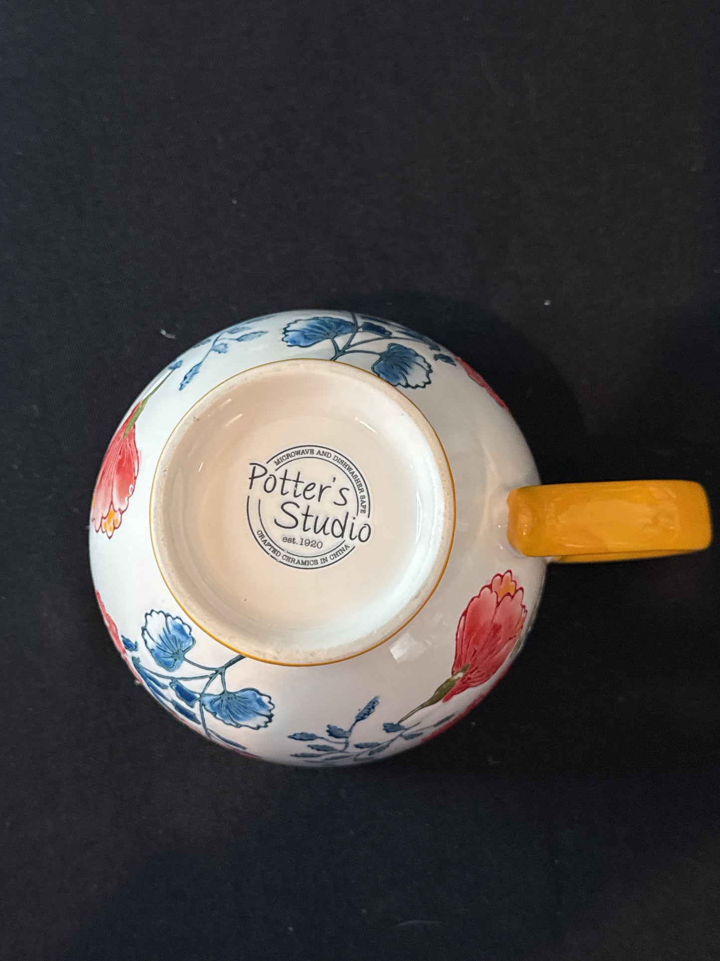 Potter's Studio Yellow Footed Coffee Cup Mug Colorful Flowers, 14oz 3 5/8" Tall New