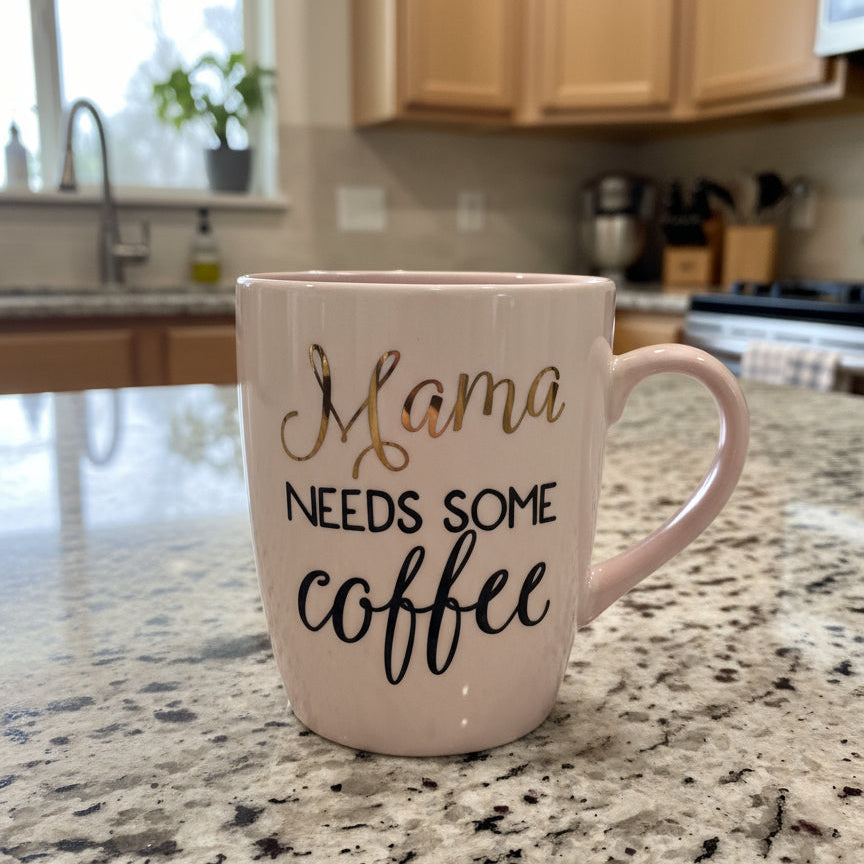Mama Needs Some Coffee Oversized Coffee Cup Mug Pink Interior 5" Tall 4.5" Wide New