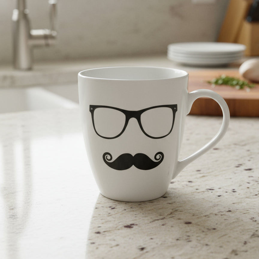 Pfaltzgraff Funny Glasses Mustache White Ceramic Coffee Cup Mug 4.5" Tall