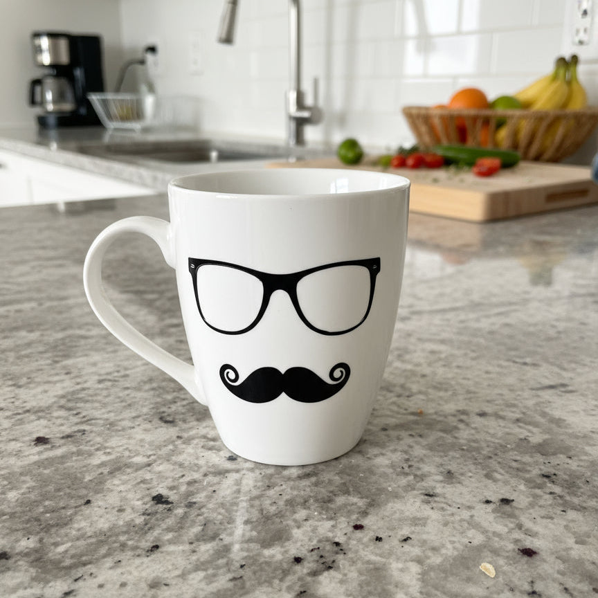 Pfaltzgraff Funny Glasses Mustache White Ceramic Coffee Cup Mug 4.5" Tall