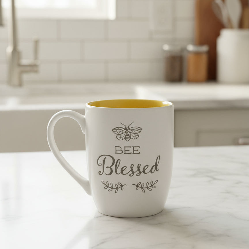 Heartland Hive BEE BLESSED Coffee Cup Mug 4.5" Tall New Yellow Interior