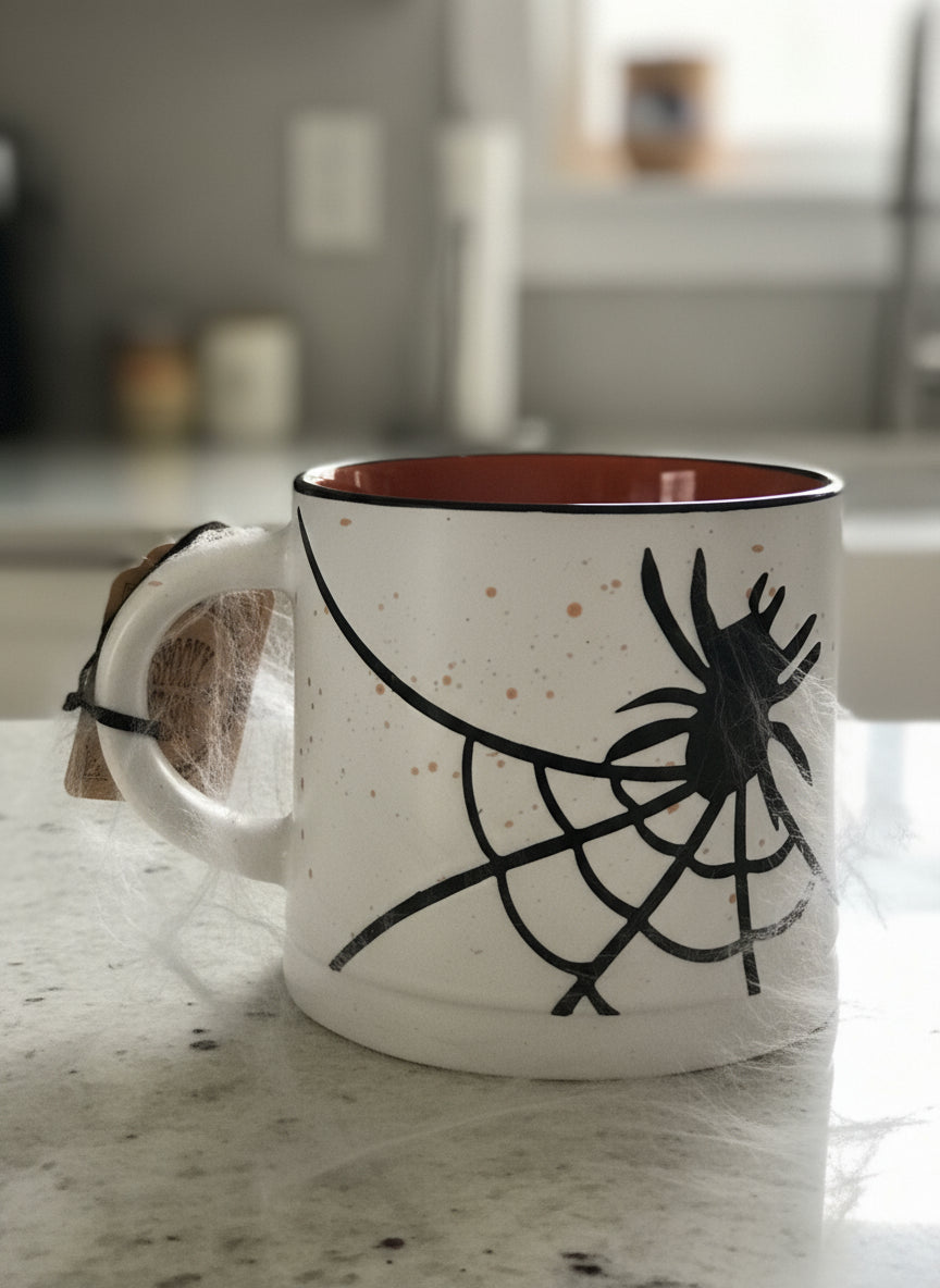 Global Design Connections Spider Web Halloween Coffee Mug Black Orange 3 5/8" Tall New
