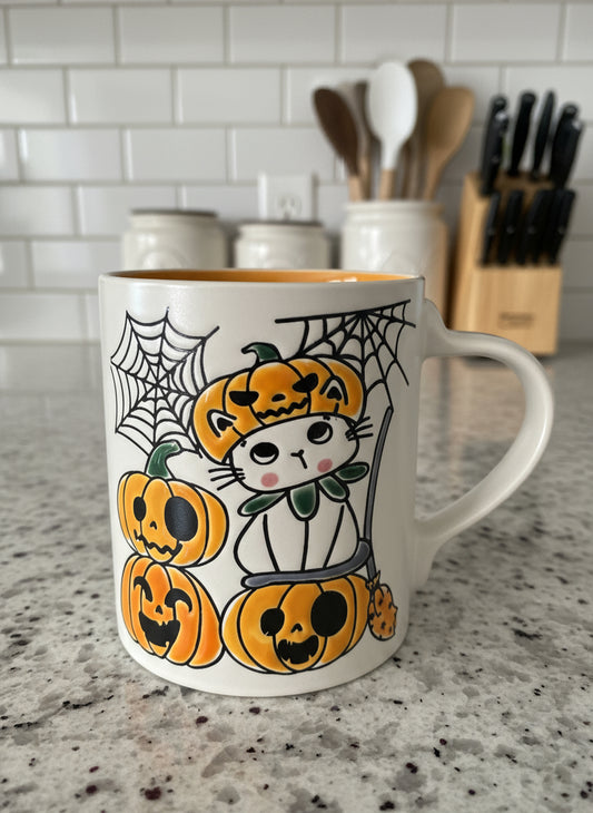 Eli Ana Halloween Coffee Cup Mug Cats Pumpkin Jack O'Lantern Orange Interior 4.25" Tall New