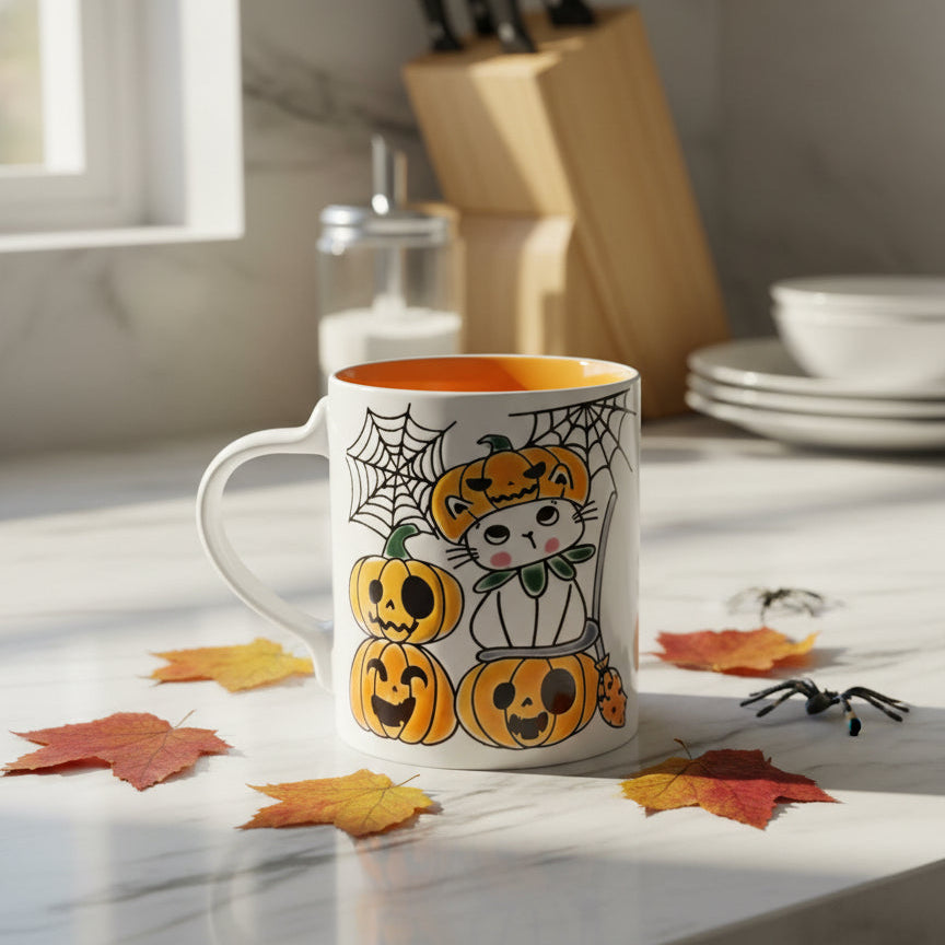 Eli Ana Halloween Coffee Cup Mug Cats Pumpkin Jack O'Lantern Orange Interior 4.25" Tall New