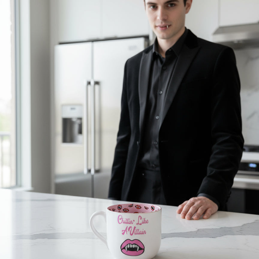 Chillin' Like A Villain Fangs Pink Coffee Cup Mug 3 5/8" Tall New