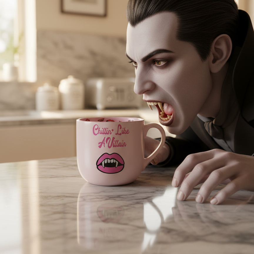 Chillin' Like A Villain Fangs Pink Coffee Cup Mug 3 5/8" Tall New