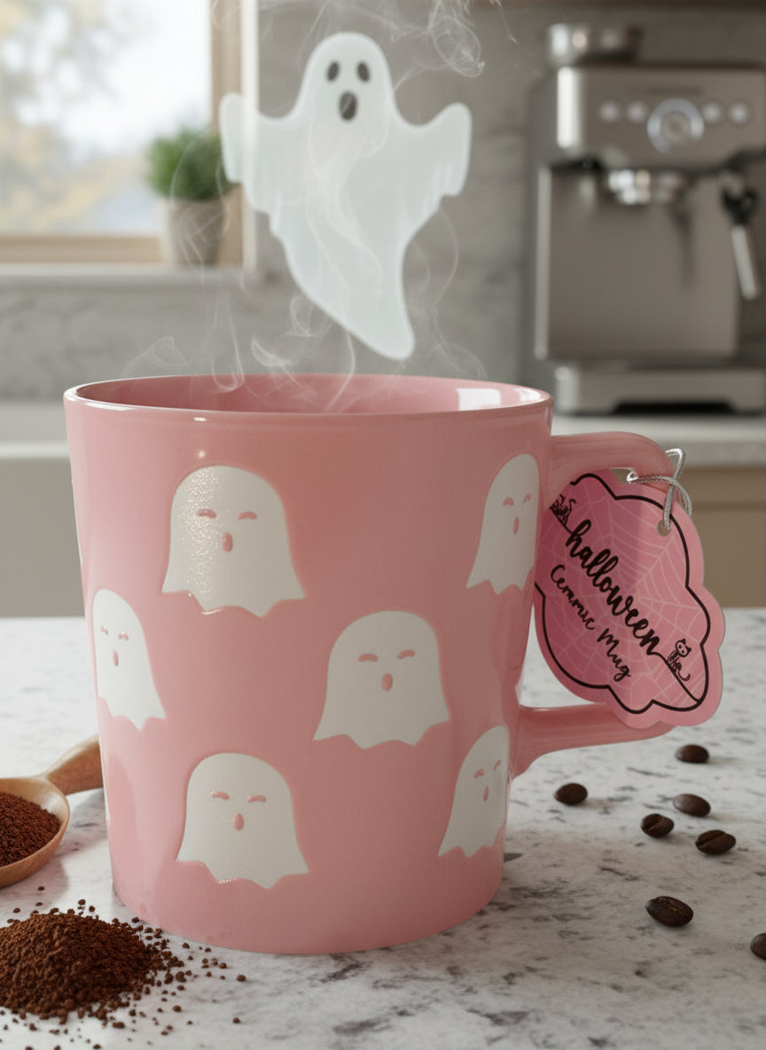 10 Strawberry Street Pink Large Ghosts Coffee Cup Mug 4.5" Tall New with Tags