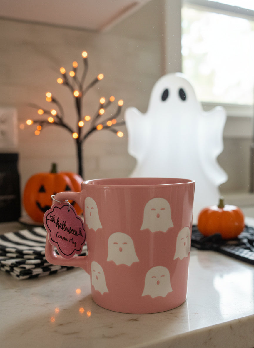 10 Strawberry Street Pink Large Ghosts Coffee Cup Mug 4.5" Tall New with Tags