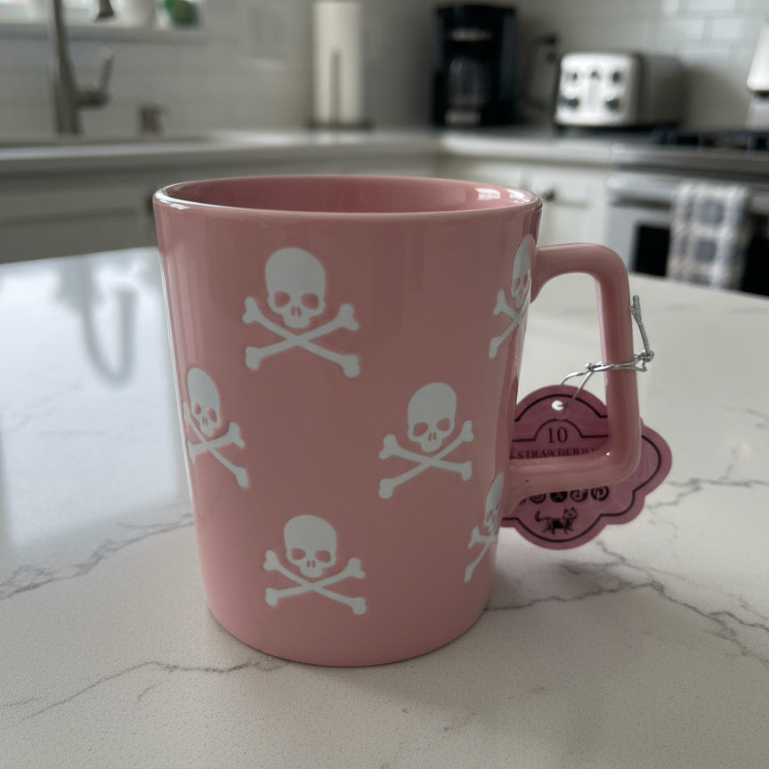 10 Strawberry Street Pink Large Skull Crossbones Coffee Cup Mug 4.5" Tall New with Tags