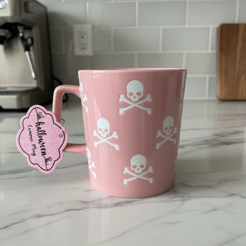 10 Strawberry Street Pink Large Skull Crossbones Coffee Cup Mug 4.5" Tall New with Tags