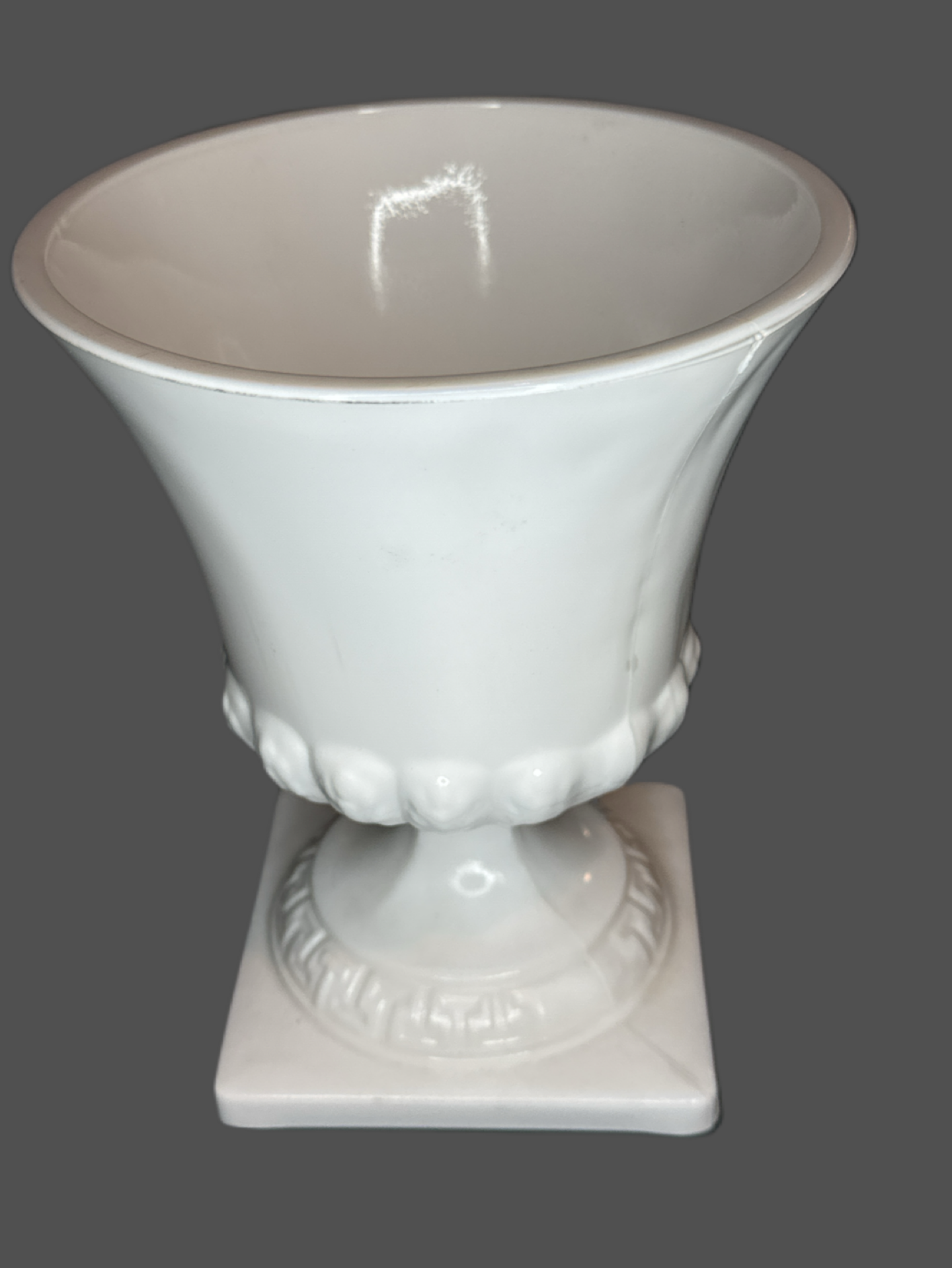 E. O. Brody Milk Glass Greek Key Wheat Compote Vase or Planter on Pedestal