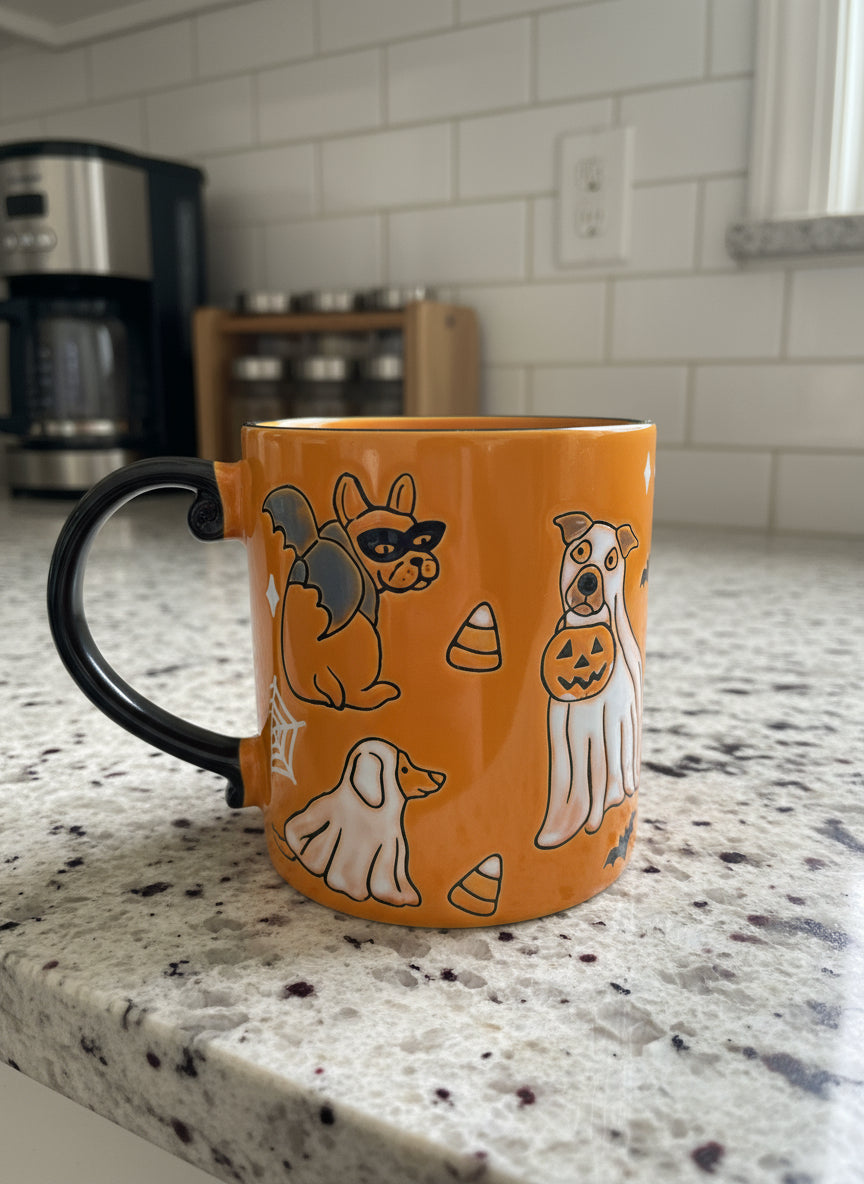 Large Halloween Dogs In Costume Coffee Mug Cup Orange Interior 4.5" Tall New