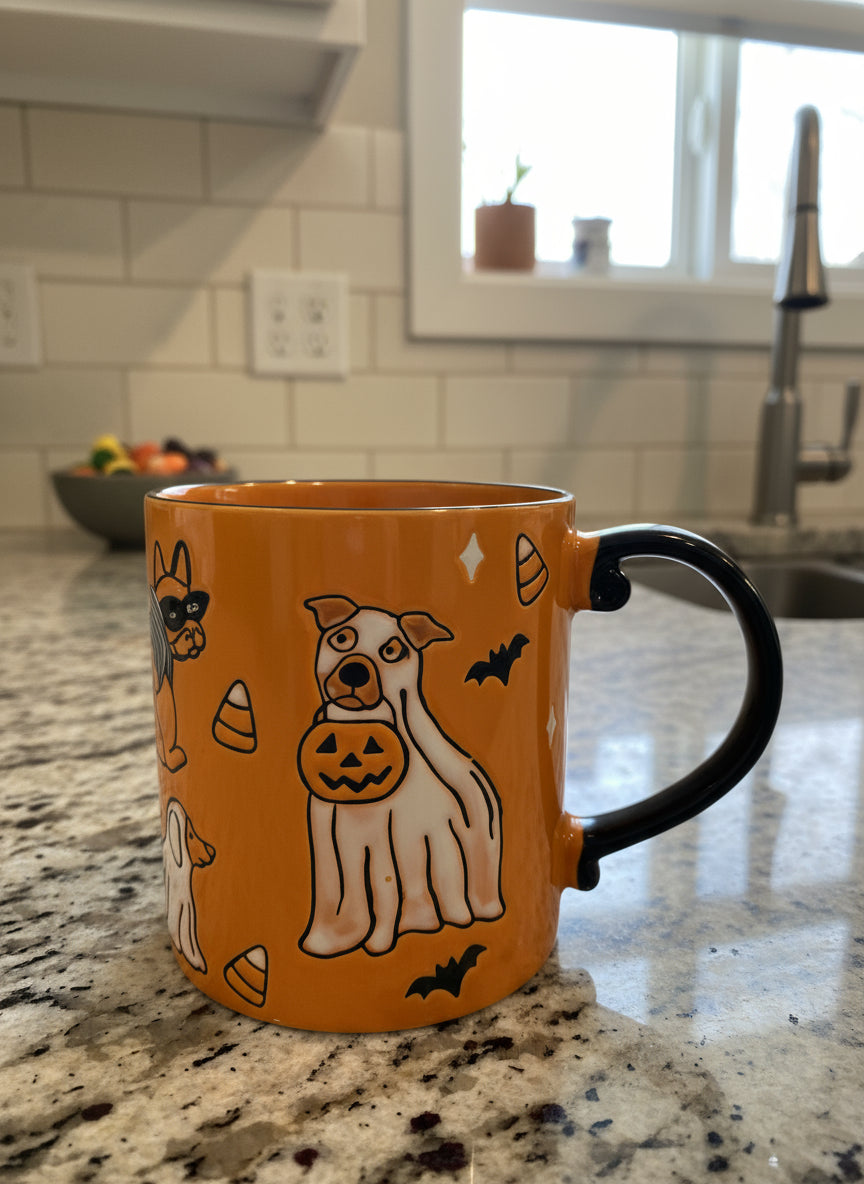 Large Halloween Dogs In Costume Coffee Mug Cup Orange Interior 4.5" Tall New