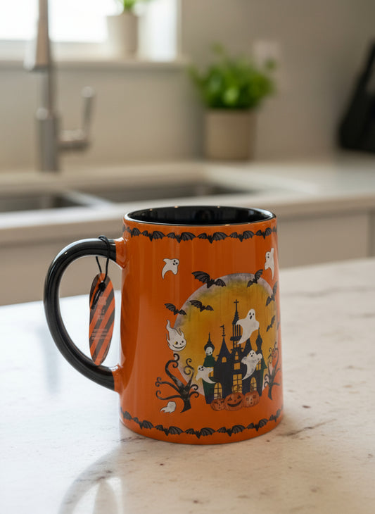 New With Tags Orange Halloween Ghosts Coffee Mug Cup Global Design Collection 4.5" Tall