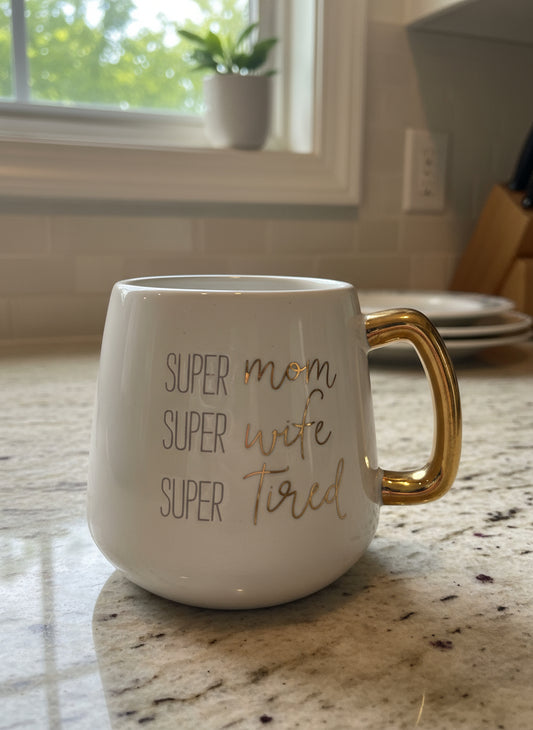 New MudPie Super Mom Super Wife Super Tired Blue Coffee Mug Cup 4" Tall