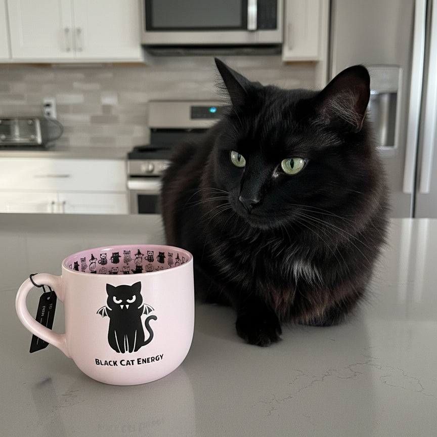 Black Cat Energy Halloween Coffee Mug Cup Better Living New With Tags 3.5" Tall