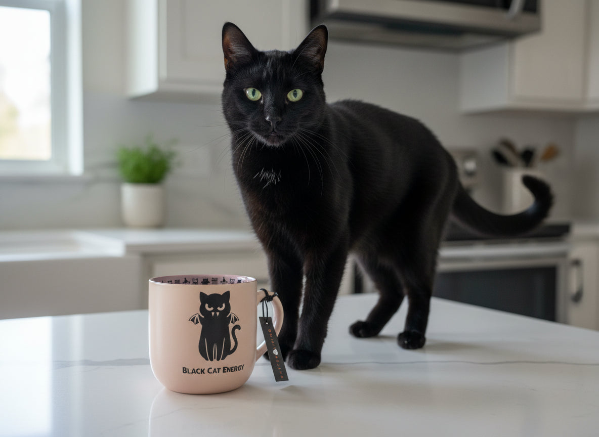 Black Cat Energy Halloween Coffee Mug Cup Better Living New With Tags 3.5" Tall