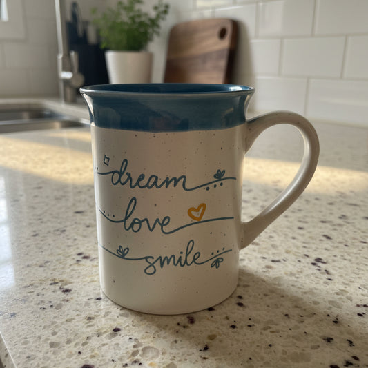 Potter's Corner Dream Love Smile Blue Coffee Mug Cup 4.5" Tall New