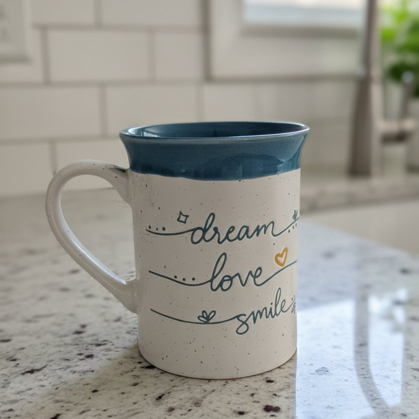 Potter's Corner Dream Love Smile Blue Coffee Mug Cup 4.5" Tall New