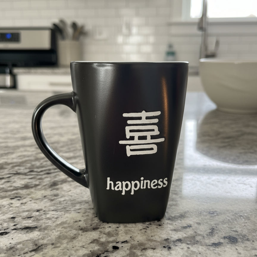 Large Tall Happiness Black Coffee Mug Cup 5.25" Tall From Roscher