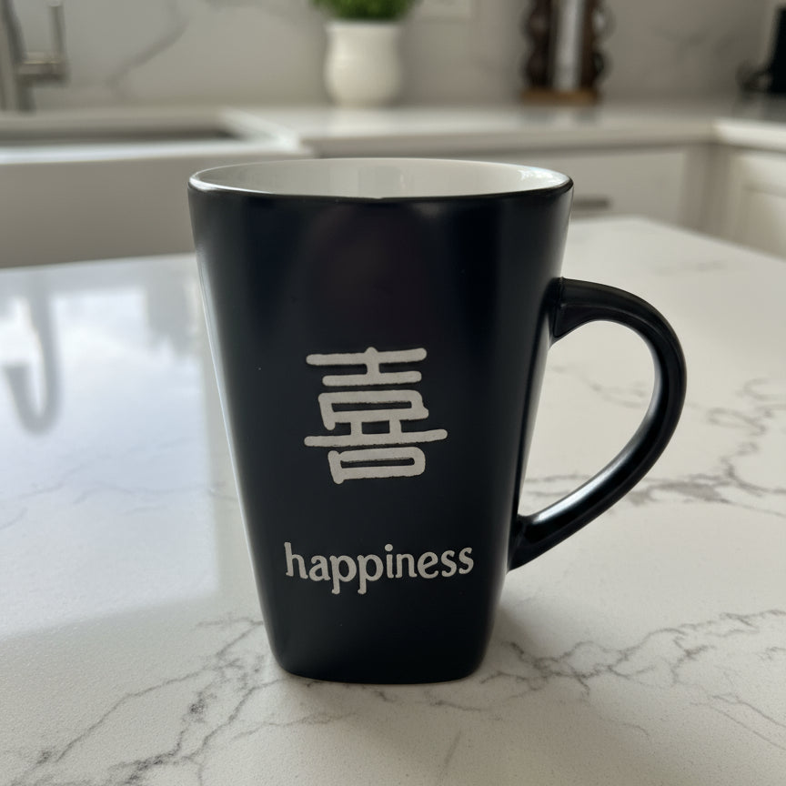 Large Tall Happiness Black Coffee Mug Cup 5.25" Tall From Roscher