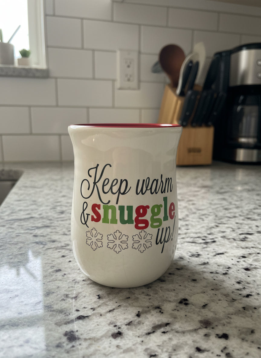 DEI Dennis East Hand Warmer Coffee Mug Cup Snuggle Up Snowflake Right Hand 16oz 5" Tall