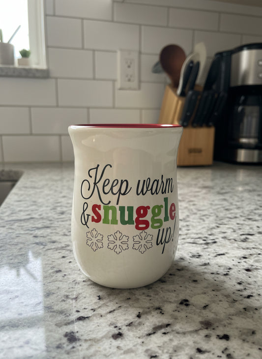 DEI Dennis East Hand Warmer Coffee Mug Cup Snuggle Up Snowflake Right Hand 16oz 5" Tall