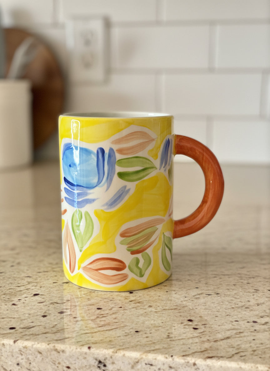 Pier 1 One Imports Floral Yellow Coffee Mug Cup 10oz 3 7/8" Tall