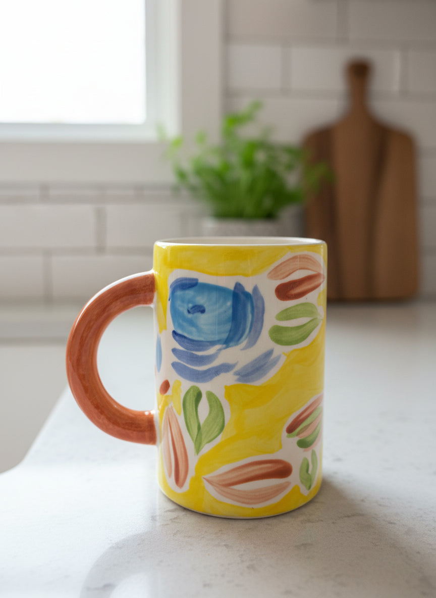 Pier 1 One Imports Floral Yellow Coffee Mug Cup 10oz 3 7/8" Tall
