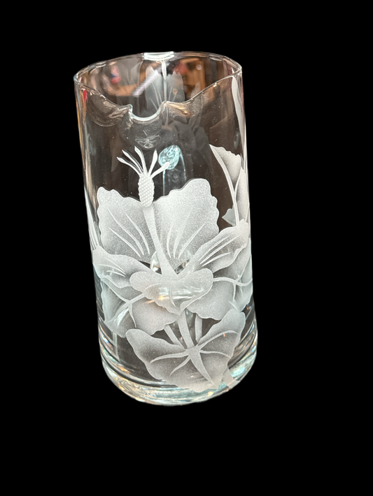 Pitcher Glass with Frosted Flowers Hand Crafted 8.75" tall