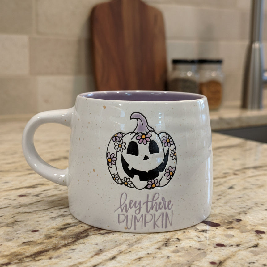 Global Design Connections Pumpkin Hey There Purple Coffee Mug Cup Halloween 3.5" Tall New