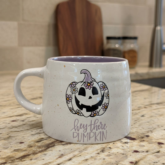 Global Design Connections Pumpkin Hey There Purple Coffee Mug Cup Halloween 3.5" Tall New