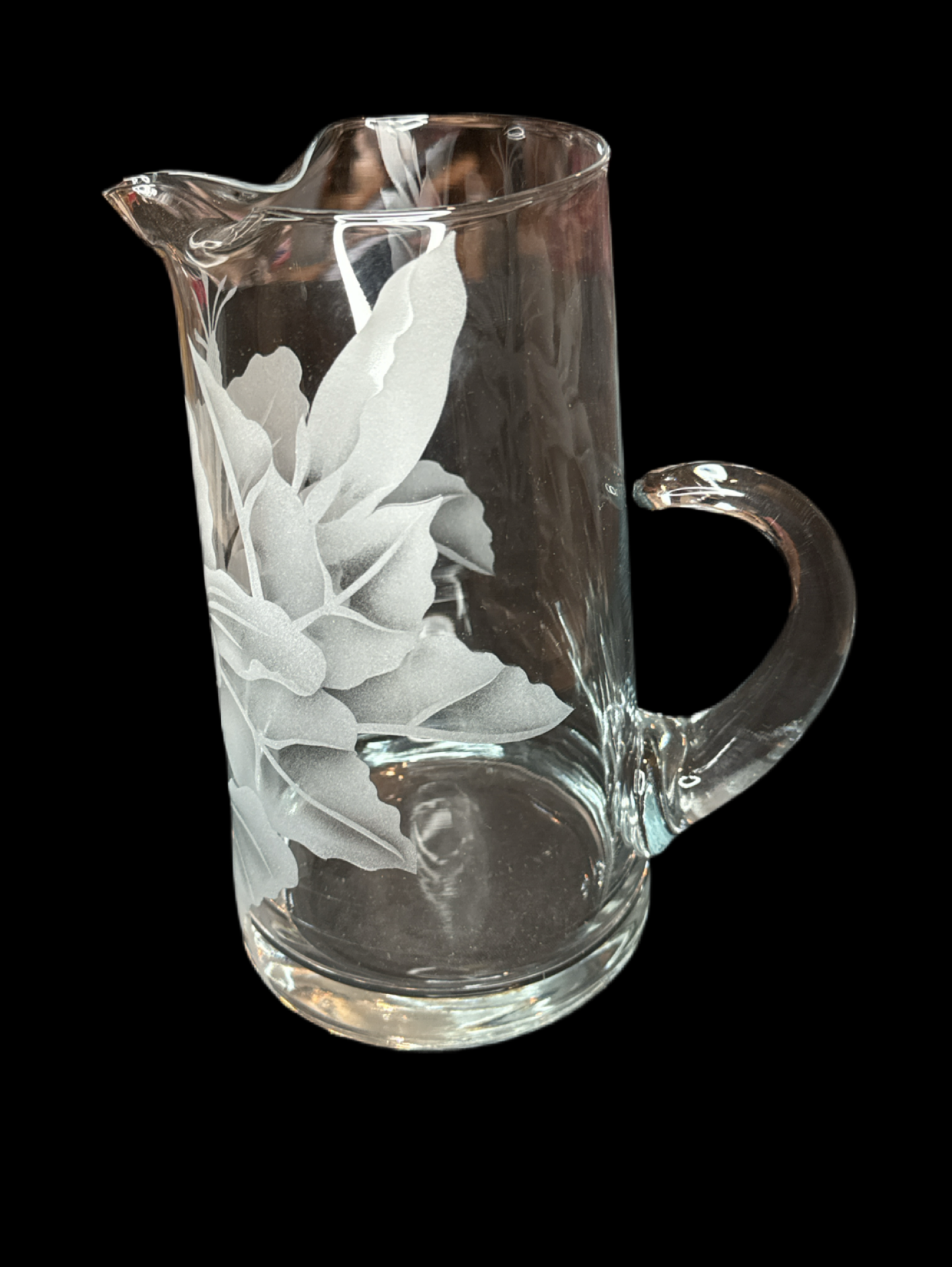 Pitcher Glass with Frosted Flowers Hand Crafted 8.75" tall