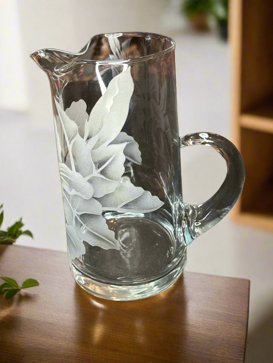 Pitcher Glass with Frosted Flowers Hand Crafted 8.75" tall