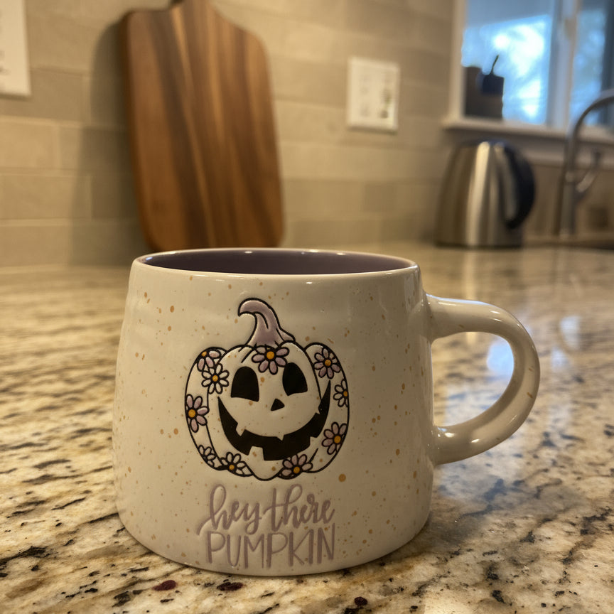 Global Design Connections Pumpkin Hey There Purple Coffee Mug Cup Halloween 3.5" Tall New