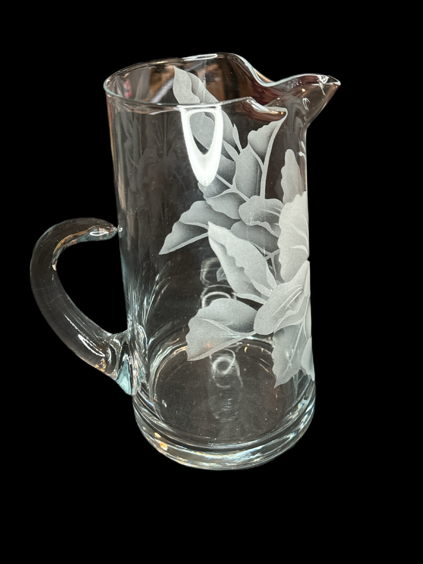 Pitcher Glass with Frosted Flowers Hand Crafted 8.75" tall