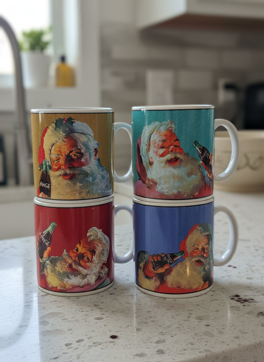 New Old Stock of Coca Cola Santa Coffee Mugs Set of 4 In Box 3.75" Tall